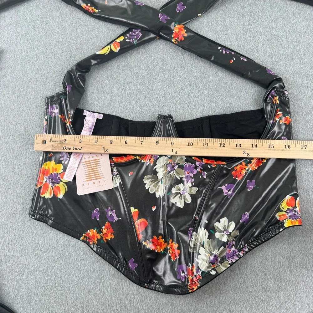 Savage X Fenty Lingerie Set Women 2X/XL Black Floral Corset Top Thong Leather